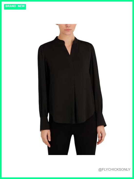 Tops - Long Sleeve V-Neck Satin Band Collar Blouse Classic Fit Pull On